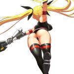 1girl armband armpits ass bad_id bardiche black_legwear black_thighhighs blight_essence blonde_hair boots bow breasts fate_testarossa from_behind gauntlets hair_bow long_hair lyrical_nanoha mahou_shoujo_lyrical_nanoha simple_background solo stockings sword thigh_boots thigh_high_boots thighhighs twin_tails twintails weapon white_background