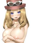 1girl areolae arm_crossed arms_crossed big_breasts blonde_hair blue_eyes blush breast_hold breasts cleavage crossed_arm crossed_arms female goggles hat huge_breasts large_breasts licking_lips lip_licking long_hair looking_at_viewer mu-nyako naughty_face nintendo nipples nude pokemon pokemon_(game) pokemon_xy serena serena_(pokemon) simple_background solo tongue tongue_out topless upper_body white_background