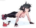 1girl 1girl 5:4_aspect_ratio black_hair black_nails breasts clothing crab exercise gloves headband headwear leggings lucia_(scott_malin) nipples original original_character painted_fingernails push-up scott_malin shirtless sweat sweatdrop sweatpants teen teenage teenage_girl