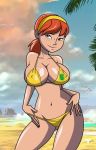 1girl april_o'neil beach bikini blue_eyes breasts female female_only grimphantom grimphantom_(artist) hairband ocean orange_hair ponytail sexy sexy_body sexy_breasts smile solo teenage_mutant_ninja_turtles