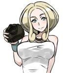 1girl big_breasts blonde_hair breasts camera green_eyes gym_leader pokemon pokemon_xy saka_i_hirokadu simple_background solo viola_(pokemon) white_background wristband