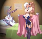 2013 bed blanket blonde_hair blue_eyes breasts buckteeth bugs_bunny cleavage drew_gardner_(artist) female garter_belt grey_fur hair inside lingerie lola_bunny looney_tunes male open_mouth orange_fur pillow robe short_hair space_jam stockings thighs underwear warner_brothers whiskers white_fur wide_hips