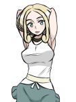 1girl big_breasts blonde_hair breasts green_eyes gym_leader pokemon pokemon_xy saka_i_hirokadu simple_background smile solo viola_(pokemon) white_background