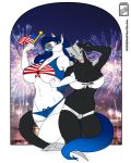  4th_of_july american_flag american_flag_bikini angela_45 anthro aqua_lipstick big_breasts blue_eyes blue_hair breasts cleavage cyber_dragon_angela-45 dragon equine female_only fireworks furry horse jade_sapphire lipstick long_hair reptile scalie walter_sache yellow_eyes 