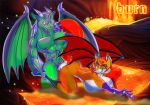 abs anal anthro ass big_breasts blue_eyes blue_hair breasts canine cave doggy_position dragon female fox from_behind furry gloves green_eyes horns jewelry lava looking_back looking_down male muscle nude pointy_ears red_hair reptile scalie smile tiara wings