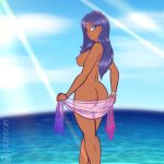 1:1_aspect_ratio 1girl amira_(mlp) aqua_eyes arabian ass beach big_breasts breasts bubble_butt clothing curvaceous dark-skinned_female dark_skin earrings female_only female_solo hasbro headband headwear high_resolution humanized jewelry large_ass long_hair looking_at_viewer looking_back my_little_pony my_little_pony:_friendship_is_magic nipples ocean purple_hair scorpdk smile