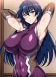  1girl alluring big_breasts blue_hair bodysuit covered_navel female_only green_eyes high_res igawa_asagi joker_(artist) kunoichi legs long_hair looking_at_viewer pink_lipstick posing smile taimanin_(series) taimanin_asagi taimanin_asagi_battle_arena 