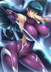  1girl alluring big_breasts blue_hair bodysuit haganef igawa_asagi kunoichi long_hair nipples pussy sword taimanin_(series) taimanin_asagi weapon 