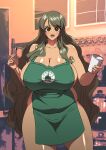 apron brown_hair gigantic_ass gigantic_breasts green_apron green_eyes green_hair hourglass_figure iced_latte_with_breast_milk meme milf original original_character sexy sexy_ass sexy_body sexy_breasts starbucks starbucks_breastmilk_meme suphesol two_tone_hair very_long_hair