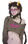  1_girl 2012 artist_request black clothed female glasses hair homestuck horns long_hair meenah_peixes navel shirt short_hair standing 