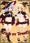 2girls :d :o alternate_costume asymmetrical_hair bandage bandages bat_wings blonde_hair bloomers blue_hair blush boots cape cover cover_page elbow_gloves english fang female flandre_scarlet flat_chest gloves hair hairband halloween hands_on_hips hat hat_ribbon headgear highres looking_at_viewer mary_janes multiple_girls navel open_mouth red_eyes remilia_scarlet ribbon sarashi shoes siblings side_ponytail silk sisters small_breasts smile spider spider_web stockings striped striped_legwear thighhighs touhou trick_or_treat underwear wings witch_hat yukiu_kon