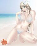  1girl alluring beach big_breasts bikini blonde_hair breasts flower green_eyes hair_flower hair_ornament lace milf project_soul silf sophitia_alexandra soul_calibur soul_calibur_ii soul_calibur_iii soul_calibur_vi swimsuit xuexue_yue_hua 