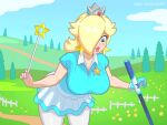  1girl 4:3_aspect_ratio animated bangs blonde_hair blue_eyes blue_gloves blue_shirt blue_skirt blue_sky bouncing_breasts breasts cleavage closed_mouth clothing cloud covered_erect_nipples crown dirt_road earrings eyelashes female fence floating flower gloves golf golf_club golf_course gradient gradient_shirt hair_over_one_eye hands_up hanging_breasts hard-degenerate headwear holding holding_golf_club holding_wand jewelry large_breasts large_filesize legwear levitation lips long_hair looking_down mario_(series) mario_golf mario_golf:_super_rush nail_polish nintendo no_audio outdoors outstretched_arms pantyhose polo_shirt princess_rosalina purple_nails road rosalina shiny shiny_hair shirt short_sleeves single_glove skirt sky smile solo star star_(symbol) star_earrings star_pin swinging_breasts telekinesis thick_lips tree video wand webm white_legwear white_shirt white_skirt wooden_fence 