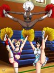 3girls bayonetta bayonetta_(character) big_breasts breasts cheerleader crossover dark-skinned_female juliet_starling lollipop_chainsaw multiple_girls no_more_heroes no_panties pom_poms radprofile radprofile_(artist) shinobu_jacobs spread_legs