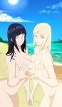  2_girls beach big_breasts blonde_hair blue_hair breast_press breasts cleavage cloud female_only heart heart_hands heart_hands_duo highres hinata_hyuuga holding_hands long_hair moe_moe_kyun! multiple_girls nail_polish naruto naruto_shippuden naruto_shippuden_the_movie navel nude ocean parody purple_eyes purple_hair sand shion_(naruto) sky smile sun symmetrical_docking water xedor993 yuri 