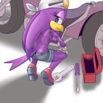 1girl 1girl anthro avian bird bodily_fluids bottomwear breasts clothed clothing crouching cutoffs denim denim_clothing dirty fours_(artist) furry gloves handwear high_res looking_at_viewer looking_back sega shorts small_breasts sonic_riders sonic_the_hedgehog_(series) sweat toolbox tools topless wave_the_swallow