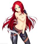 big_breasts blue_eyes breasts hair katarina kunai league_of_legends long_hair nude red_hair scar sword weapon