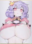  1girl blush breasts bust covered_nipples erect_nipples headband huge_breasts leaf leaf_on_head looking_at_viewer mirror navel nipples object_on_head okiraku_nikku pink_eyes purple_hair shikishi short_hair solo touhou traditional_media upper_body yasaka_kanako 