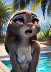 ai_generated bikini bunny_ears bunny_girl furry grey_fur judy_hopps long_ears looking_back micro_bikini open_mouth palm_tree pool purple_eyes rabbit rabbit_girl sun sunlight white_fur zootopia