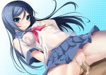 1girl aragaki_ayase blue_eyes blue_hair blush breasts cum cum_in_pussy highres long_hair looking_at_viewer no_bra ore_no_imouto_ga_konna_ni_kawaii_wake_ga_nai panties panties_aside saxasa_kisuk school_uniform see-through sex shiny shiny_skin skirt smile uncensored underwear vaginal