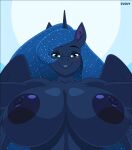 1girl 1girl 2021 anthro anthrofied areola big_areola big_breasts blue_body blue_fur blue_hair blush bouncing_breasts breast_jiggle breasts conditional_dnp cosmic_hair curvy_figure digital_media_(artwork) equid equine ethereal_hair evov1 eyebrows eyelashes eyeshadow feathered_wings feathers first_person_view friendship_is_magic front_view fur furry gif hair hasbro high_res horn huge_breasts looking_at_viewer makeup mammal my_little_pony nipples nude princess_luna_(mlp) simple_background smile teal_eyes teeth voluptuous winged_unicorn wings