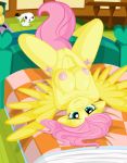  1girl angel_(mlp) anthro aqua_eyes breast_squish breasts breasts_together covering_crotch fluttershy fluttershy_(mlp) friendship_is_magic furry horny masturbation my_little_pony nipples nude on_back pegasus pink_mane whitmaverick yellow_fur yellow_wings 