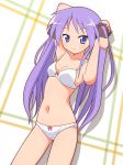  1girl adjusting_hair blue_eyes bra hiiragi_kagami lingerie long_hair lucky_star mel_(artist) mel_(melty_pot) panties purple_hair solo twin_tails twintails underwear underwear_only 