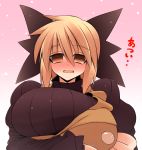 1girl big_breasts blonde_hair bow breasts dress hair_bow hair_ribbon hinomoto102521 kurodani_yamame large_breasts open_mouth ponytail red_eyes ribbed_sweater ribbon short_hair solo sweater touhou ueda_katsuhito