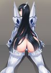 1girl \||/ all_fours ass back-seamed_legwear black_hair blue_eyes elbow_gloves from_behind gloves headgear junketsu kamizawa_(sark) kill_la_kill kiryuuin_satsuki long_hair looking_back pauldrons revealing_clothes seamed_legwear solo thighhighs thong very_long_hair