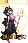 1girl big_breasts black_hair breasts cleavage female hair homestuck horns huge_breasts long_hair standing text the_batterwitch the_condesce trident