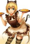 1boy animal_ears apron armin_arlert bad_id black_hair blonde_hair blush cat_ears cat_tail crossdressing food food_writing gay girly green_eyes hisahisahisahisa looking_at_viewer maid male male_focus omurice shingeki_no_kyojin short_hair striped striped_legwear tail thighhighs trap tray waist_apron waitress yaoi