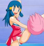 1girl bare_arms blue_eyes blue_hair blush cheerleader cheerleader_outfit cheerleader_uniform clothed dawn dawn_(pokemon) female female_human female_only hikari_(pokemon) human looking_at_viewer panties pantyshot pokemon pom_poms raised_leg sleeveless solo standing up_skirt white_panties