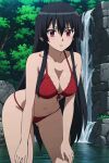  1girl akame_(akame_ga_kill!) akame_ga_kill! alluring big_breasts bikini black_hair charizardo cleavage in_water lake long_hair posing red_bikini red_eyes waterfall wet 