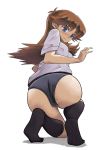 1girl ass back black_legwear black_socks blue_(pokemon) blue_eyes blush breasts brown_hair buruma derivative_work feet footwear from_behind gym_uniform kneeling kururanabaru long_hair looking_back nintendo photo_reference pokemon pokemon_special simple_background socks solo white_background