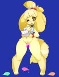 1girl animal_crossing animal_crossing_new_leaf anthro bikini_top bottomless breasts canid canine canine_humanoid cute dildo doubutsu_no_mori furry hair_tie isabelle_(animal_crossing) jingle_bell mammal nintendo ponytail pussy secretary shih_tzu shizue_(doubutsu_no_mori) thick_ass thick_legs thick_thighs yellow_fur