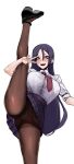 1girl big_breasts blush breasts edit edited fate/grand_order fate_(series) female_only high_heels j.k. leg_lift long_hair milf minamoto_no_raikou_(fate/grand_order) neck_tie office_lady open_mouth panties pantyhose purple_eyes purple_hair skirt skirt_lift smile solo_female spread_legs standing_split sweatdrop teeth third-party_edit tongue v v_over_eye v_sign vertical_splits white_background white_shirt