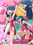 ash_ketchum ass bare_arms blue_eyes blue_hair cheerleader cheerleader_outfit cheerleader_uniform dawn_(pokemon) panties pantyshot pikachu piplup pokemon pom_poms skirt skirt_lift sleeveless socks striped_panties underwear upskirt white_socks