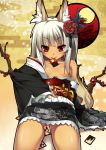  1girl :&gt; animal_ears bare_shoulders card dark_skin egasumi flat_chest flower fox_ears hair_flower hair_ornament hair_over_breasts hanafuda japanese_clothes kimono mouth_hold naughty_face nekomu no_panties obi off_shoulder original red_eyes sash short_kimono small_breasts solo white_hair yukata 