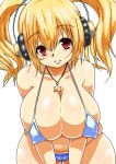 bikini blonde_hair breasts cleavage covered_nipples erect_nipples headphones huge_breasts jewelry looking_at_viewer micro_bikini navel necklace nitroplus orange_eyes plump short_hair smile solo star super_pochaco swimsuit twintails yamaneko_ken yamanekoken