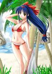 00s 1girl 2009 alluring bad_id bad_pixiv_id beach bikini blue_hair bow breasts brown_eyes cleavage dated day edoya_minoru legs long_hair low-tied_long_hair nakoruru outside red_bow samurai_shodown samurai_spirits snk swimsuit tied_hair voluptuous