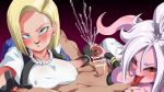 1boy 2_girls android android_18 android_21 android_21_(evil) blonde_hair blue_eyes bob_cut dragon_ball dragon_ball_fighterz dragon_ball_z long_hair majin_android_21 male male/female mature mature_female pink_skin red_eyes rom_(artist) short_hair tagme threesome video_game_character white_hair