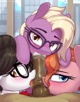 1boy 3_girls blush erection fellatio friendship_is_magic glasses horsecock indoors janine_manewitz licking_penis looking_at_viewer male/female my_little_pony oral peachy_plume_(mlp) penis pony raven_inkwell_(mlp) shinodage