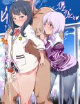  1boy 2_girls black_hair bob_cut lavender_hair long_hair male male/female nipple_tweak nipples red_eyes rikka_takanashi rom_(artist) shinjou_akane short_hair ssss.gridman tagme thick_thighs thigh_sex thighs threesome 