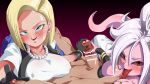 1boy 2_girls android android_18 android_21 android_21_(evil) blonde_hair blue_eyes bob_cut dragon_ball dragon_ball_fighterz dragon_ball_z long_hair majin_android_21 male male/female mature mature_female pink_skin red_eyes rom_(artist) short_hair tagme threesome video_game_character white_hair