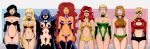 1girl 6+girls 8girls absurd_res alternate_costume big_breasts black_hair blonde_hair breasts cape cassie_sandsmark choker cleavage cloak collar crossover dc_comics donna_troy elf_ears female_only femsub firestar gloves glowing glowing_eyes happy_trance headband hypnosis lasso_of_truth lipstick long_hair makeup marvel_comics mask midriff mind_control multiple_girls multiple_subs namorita navel navel_piercing opera_gloves orange_hair polmanning ponytail raven_(dc) red_hair short_hair shorts smile standing standing_at_attention starfire stature stockings superheroine swimsuit tape thong ultra-girl western wonder_girl