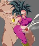 1boy 1girl alien alien_girl big_breasts black_eyes black_hair caulifla_(dragon_ball) clothed_female clothed_female_nude_male dragon_ball dragon_ball_super female_saiyan fusion legendary_super_saiyan long_hair male male/female muscular muscular_female nipples potara_earrings rom_(artist) saiyan super_saiyan thick_thighs thigh_sex thighs