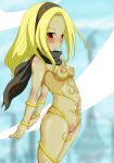 artist_request bad_anatomy blonde_hair blush dark_skin gravity_daze gravity_rush headband kat_(gravity_rush) kitten_(gravity_daze) nipples poorly_drawn pussy red_eyes small_breasts