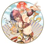  1girl abs alluring artist_name asuka_(wrestler) asuka_(wwe) asuka_(wwe_diva) bangs blue_hair breasts broken_mask brown_eyes cleavage clenched_hand cloud female_abs kamijororo kanako_urai mask medium_breasts multicolored_hair muscular navel open_hand open_mouth pink_hair red_sun round_image short_hair signature twitter urai_kanako wrestling wrestling_outfit wwe 