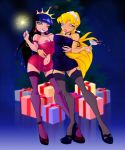  2_girls amber_eyes black_eyeshadow breasts chimera_(winx_club) dark_blue_hair female_only golden_eyes grey_eyes heels huge_breasts light-skinned_female long_blonde_hair long_hair mole_under_eye red_lipstick short_dress sisters stella_(winx_club) stockings tanned_skin winx_club zfive 