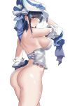  1girl aqua_hair ass azur_lane bangs bare_shoulders big_breasts black_eyes black_hair blue_bow blue_hair bottomless bow breasts bustier cheshire_(azur_lane) cheshire_(the_cat_and_the_white_steed)_(azur_lane) closed_mouth clothing cowboy_shot cross-laced_clothes eyebrows_visible_through_hair hair_bow hair_ornament hat hat_bow headwear high_resolution in_profile lingerie looking_at_viewer looking_to_the_side multicolored_hair musicatopos one_arm_up rainbow_gradient shiny shiny_clothes shiny_skin simple_background smile standing streaked_hair striped striped_bow thighs two-tone_hair underwear underwear_only vertical_stripes very_high_resolution white_background white_headwear 